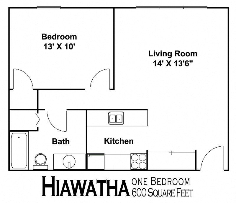 Floor plan for 1 bed, 1 bath, 600 sqft